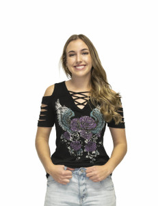 Liberty Wear Purple Rose Ladies Bling Top featuring rhinestone-studded purple rose and wing graphic Liberty Wear Purple Rose Ladies Bling Top featuring rhinestone-studded purple rose and wing graphic