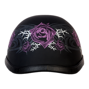 Daytona Helmets purple rose ladies novelty helmet with tribal floral design and quick-release buckle Daytona Helmets purple rose ladies novelty helmet with tribal floral design and quick-release buckle