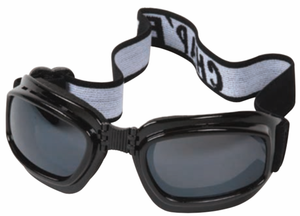 Fold-Up Motorcycle Goggles featuring black frame, smoke lenses with UV400 protection, and adjustable strap Fold-Up Motorcycle Goggles featuring black frame, smoke lenses with UV400 protection, and adjustable strap