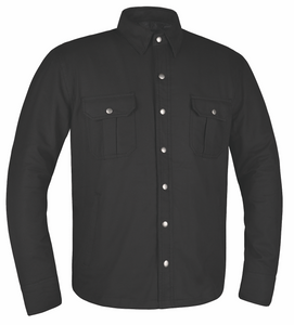 Unik men's black denim motorcycle armored shirt – front view with DuPont Kevlar reinforcement and snap-down collar Unik men's black denim motorcycle armored shirt – front view with DuPont Kevlar reinforcement and snap-down collar