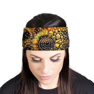 Sunflower Skull Bling Biker Headband - Comfortable head wrap featuring skull and sunflower pattern with rhinestone accents Sunflower Skull Bling Biker Headband - Comfortable head wrap featuring skull and sunflower pattern with rhinestone accents