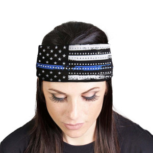 Blue Line Flag Bling Biker Headband – Milwaukee Headband with Rhinestone Accents and Thin Blue Line Design Blue Line Flag Bling Biker Headband – Milwaukee Headband with Rhinestone Accents and Thin Blue Line Design