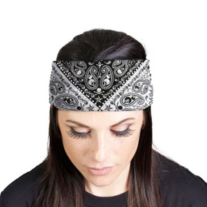 Black and white paisley biker headband with rhinestone skull design Black and white paisley biker headband with rhinestone skull design