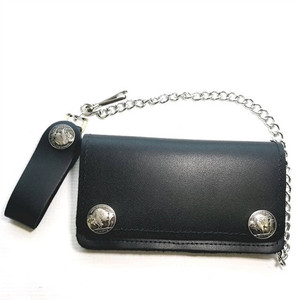 Buffalo Nickel Snap Leather Chain Wallet – front view USA made genuine black cowhide with replica buffalo nickel snap closure and 12-inch detachable chain Buffalo Nickel Snap Leather Chain Wallet – front view USA made genuine black cowhide with replica buffalo nickel snap closure and 12-inch detachable chain