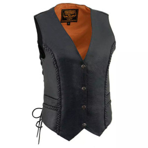 Unik women's black braided motorcycle vest – front view showcasing premium cowhide leather with braided trim and snap front closure Unik women's black braided motorcycle vest – front view showcasing premium cowhide leather with braided trim and snap front closure