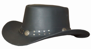 Buffalo Nickel Distressed Brown Leather Cowboy Hat – front view showcasing genuine ruff leather with antique buffalo nickel accents and shapeable wire brim Buffalo Nickel Distressed Brown Leather Cowboy Hat – front view showcasing genuine ruff leather with antique buffalo nickel accents and shapeable wire brim