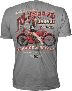 Back view of Lethal Threat Motorhead Garage men's biker t-shirt showing full graphic design Back view of Lethal Threat Motorhead Garage men's biker t-shirt showing full graphic design