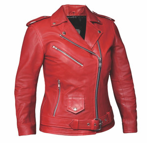 Unik women's red leather biker jacket featuring premium cowhide leather, asymmetrical zip closure, and classic biker silhouette Unik women's red leather biker jacket featuring premium cowhide leather, asymmetrical zip closure, and classic biker silhouette