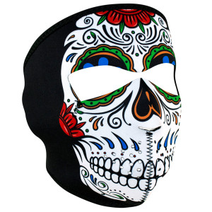 Muerte Skull Motorcycle Mask featuring a vibrant sugar skull design on one side and solid black on the other Muerte Skull Motorcycle Mask featuring a vibrant sugar skull design on one side and solid black on the other