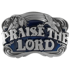 Religious belt buckle with 'Praise the Lord' inscription