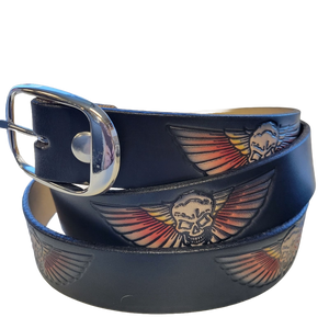 Skull & Wings Leather Belt – USA-made black cowhide belt with embossed skull and wing design Skull & Wings Leather Belt – USA-made black cowhide belt with embossed skull and wing design