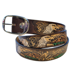 Brown Leather Fancy Eagle Embossed Belts, USA Made Brown Leather Fancy Eagle Embossed Belts, USA Made