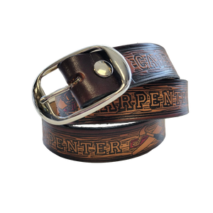USA-made genuine cowhide leather belt embossed with carpenter tools – snap-off buckle USA-made genuine cowhide leather belt embossed with carpenter tools – snap-off buckle