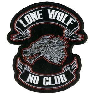 Large Lone Wolf No Club Patch for bikers with bold lettering and wolf graphic Large Lone Wolf No Club Patch for bikers with bold lettering and wolf graphic