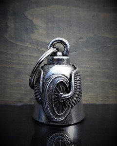 Made-in-USA Bravo Bell featuring a motorcycle tire with wings Made-in-USA Bravo Bell featuring a motorcycle tire with wings