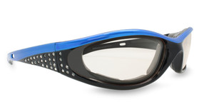 Blue and black padded women's motorcycle glasses with photochromatic lenses Blue and black padded women's motorcycle glasses with photochromatic lenses