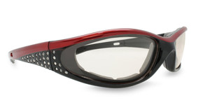 Red and Black Transitional Motorcycle Glasses with Rhinestones and Foam Padding Red and Black Transitional Motorcycle Glasses with Rhinestones and Foam Padding