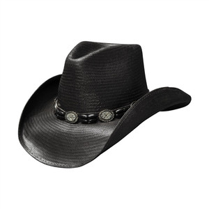 Bullhide Black Hills Straw Cowboy Hat in black with shapeable 3¾-inch brim, pinch-front crown, and concho-accented hat band Bullhide Black Hills Straw Cowboy Hat in black with shapeable 3¾-inch brim, pinch-front crown, and concho-accented hat band