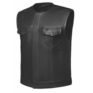 Short Collarless Leather Motorcycle Vest with Concealed Carry Pockets and Zip Closure Short Collarless Leather Motorcycle Vest with Concealed Carry Pockets and Zip Closure