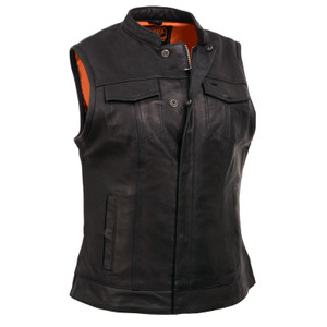 Milwaukee Leather ladies black motorcycle club vest front view – cowhide, snap closure Milwaukee Leather ladies black motorcycle club vest front view – cowhide, snap closure