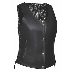 Unik Ladies Lambskin Biker Vest with Black-and-White Paisley Lining and Snap Front Closure Unik Ladies Lambskin Biker Vest with Black-and-White Paisley Lining and Snap Front Closure