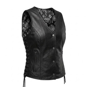 Unik Ladies Lambskin Biker Vest with Black-and-White Paisley Lining and Snap Front Closure
