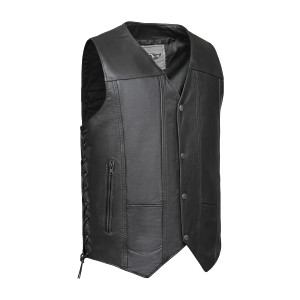 Unik 10 pocket men's black cowhide leather motorcycle vest with snap front closure