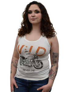 Ladies Wild Bling Motorcycle Tank by Liberty Wear, USA Made, featuring rhinestone-studded motorcycle graphic on white racerback tank