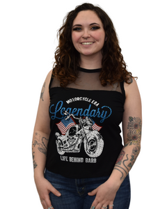 Ladies Legendary Motorcycle Era Tank by Liberty Wear, USA Made, featuring vintage motorcycle graphic with rhinestone accents and mesh panels