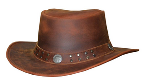 Antique Brown Leather Cowboy Hat w/ Buffalo Nickel Band Antique Brown Leather Cowboy Hat w/ Buffalo Nickel Band
