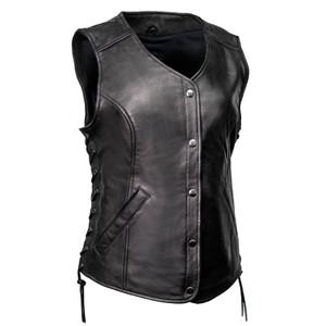 Milwaukee Leather women's tall leather motorcycle vest – front view showcasing premium cowhide leather with snap front closure and silver hardware Milwaukee Leather women's tall leather motorcycle vest – front view showcasing premium cowhide leather with snap front closure and silver hardware