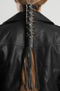 Fringe Black Leather Biker Hair Glove 8-Inch w/ Rhinestones Fringe Black Leather Biker Hair Glove 8-Inch w/ Rhinestones
