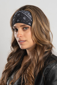 Thin biker headband under helmet showing paisley pattern and subtle sparkle Thin biker headband under helmet showing paisley pattern and subtle sparkle