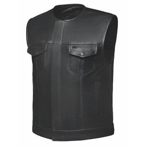 Collarless black cowhide leather club vest with concealed carry pocket and chest flap pockets Collarless black cowhide leather club vest with concealed carry pocket and chest flap pockets