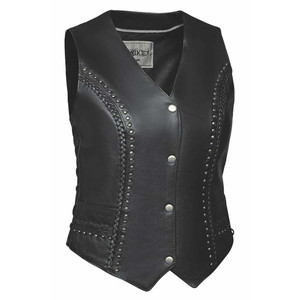 Unik ladies studded cowhide leather motorcycle vest front view – braided trim, snap closure Unik ladies studded cowhide leather motorcycle vest front view – braided trim, snap closure