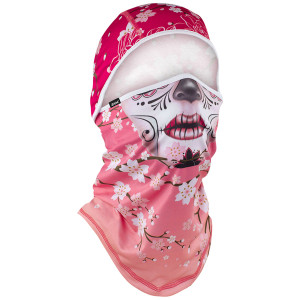 Ladies convertible balaclava with sugar skull and pink floral design Ladies convertible balaclava with sugar skull and pink floral design
