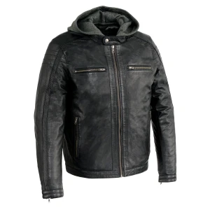 Milwaukee Leather men’s black hooded racer genuine leather jacket