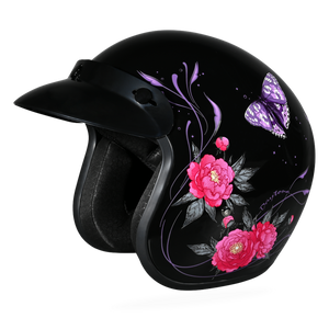butterfly cruiser motorcycle helmet with purple and pink floral graphics