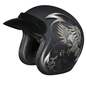 Wild Soul cruiser motorcycle helmet with black white and gold eagle and snake graphic