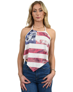 Liberty-Wear American flag halter top featuring a vibrant stars and stripes pattern on a sleeveless patriotic riding shirt