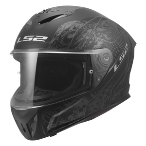 LS2 Rapid Crypt full face motorcycle helmet in matte black with skull graphics and clear shield