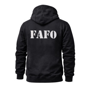 Back view of FAFO reflective biker hoodie glowing bright white under headlights during night ride