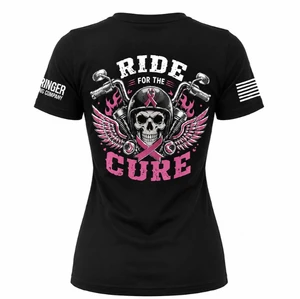 Women's Ride for the Cure breast cancer motorcycle shirt with pink ribbon and skull graphic