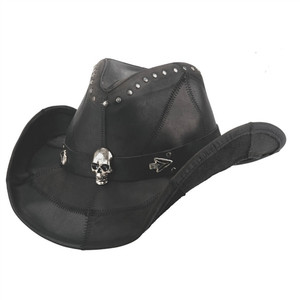 Bullhide Hardtail black leather cowboy hat featuring shapeable brim and skull-studded hatband Bullhide Hardtail black leather cowboy hat featuring shapeable brim and skull-studded hatband