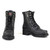 Heavy duty black leather biker boots featuring an adjustable front lace design and double side zipper entry