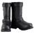 Classic black cowhide leather biker boots featuring an inside side zipper entry and decorative adjustable buckle straps