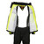 High visibility neon green motorcycle rain jacket featuring reflective safety piping and storm-flap zip closure