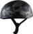side view of small-profile skull graphic DOT half motorcycle helmet with quick-release strap side view of small-profile skull graphic DOT half motorcycle helmet with quick-release strap