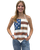 Close-up of the smooth polyester spandex fabric on the women's American flag halter top, perfect for layering under leather riding vests