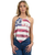 Liberty-Wear American flag halter top featuring a vibrant stars and stripes pattern on a sleeveless patriotic riding shirt